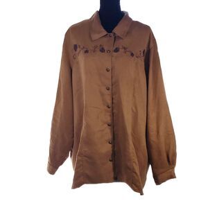 Napa Valley Camel Faux Suede Embroidered Collared Button Up Top Jacket Size 3X